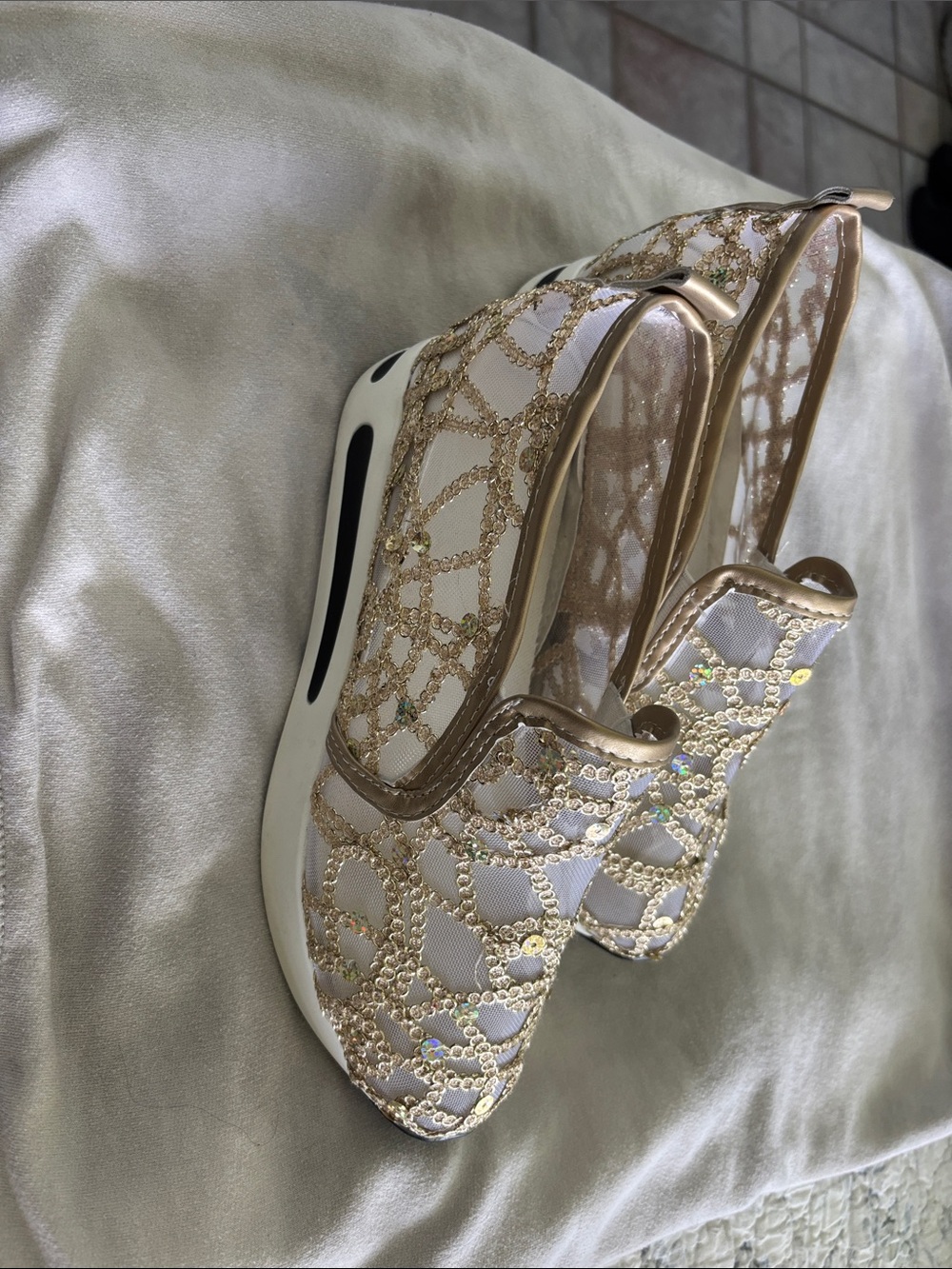 Gold Sequin Mesh Slip-On Sneakers - White Base